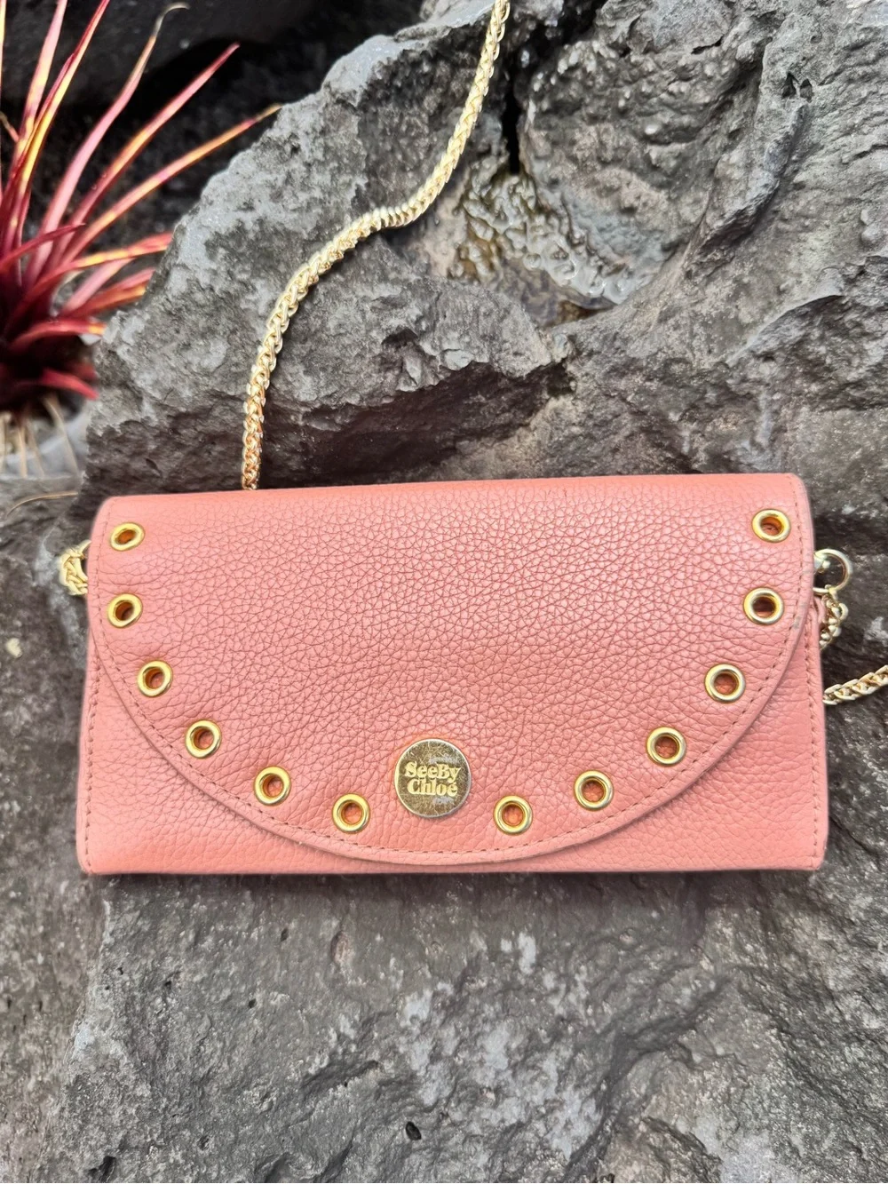 See by Chloé Blush Pink Pebbled Leather Wallet on Chain Crossbody